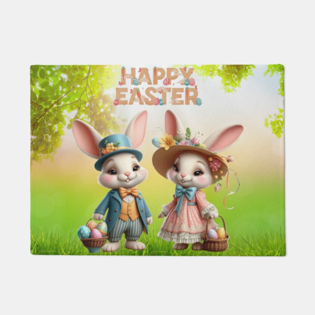 Felpudo Cuta, caprichosa Pascua feliz con 2 conejos (Anverso)
