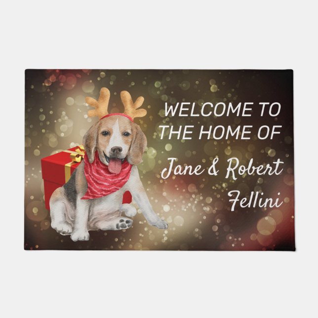 Felpudo Cute Beagle antlers caja roja personalizado festiv (Anverso)