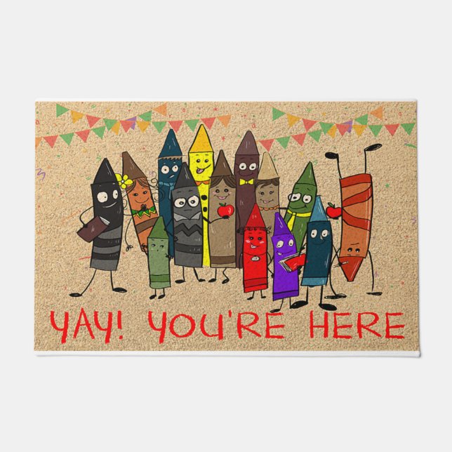 Felpudo Cute Crayons In Class Mat, You're Here (Anverso)