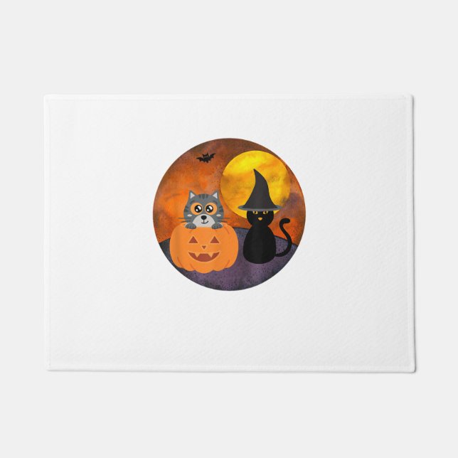 Felpudo Cute Halloween Cat Scene Witch Pumpkin Bat Full Mo (Anverso)