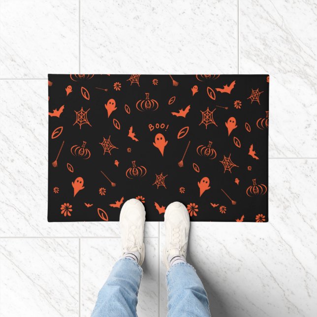 Felpudo Cute Little Spooky Ghost Negro Naranja Halloween (Interior)