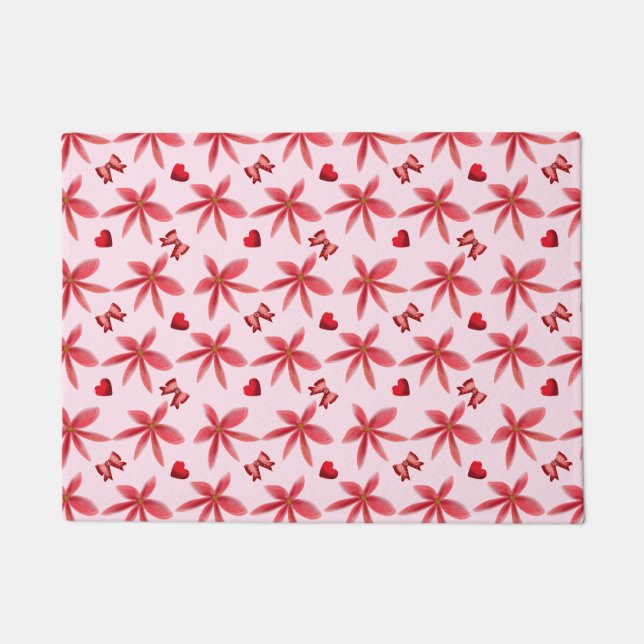 Felpudo Cute Red Floral Heart Pattern Seamless Girly  (Anverso)