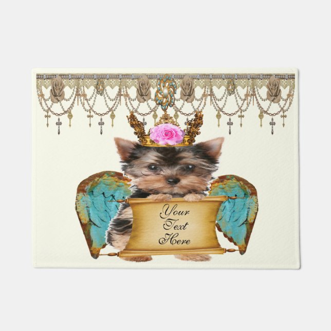 Felpudo Cute Shabby Chic Yorkie Angel Puppy Personalizado (Anverso)