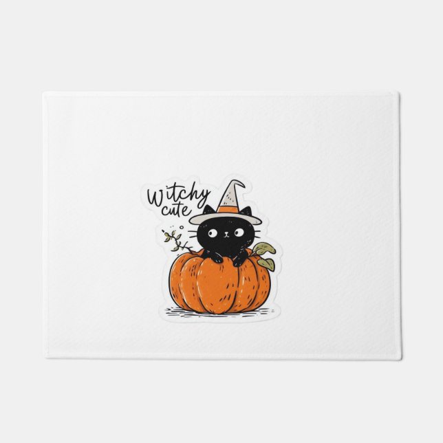 Felpudo Cuto gato negro en calabaza con gorra de brujas Cl (Anverso)