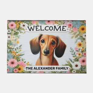 Felpudo Dachshund Dog Home Dulce, Floral bienvenida enmarc