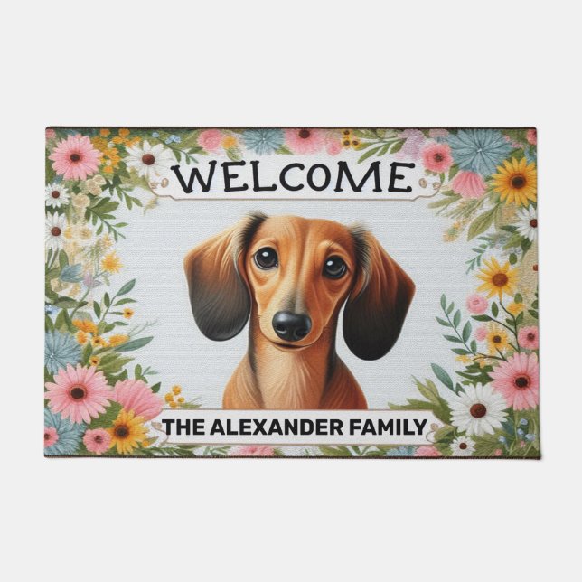 Felpudo Dachshund Dog Home Dulce, Floral bienvenida enmarc (Anverso)