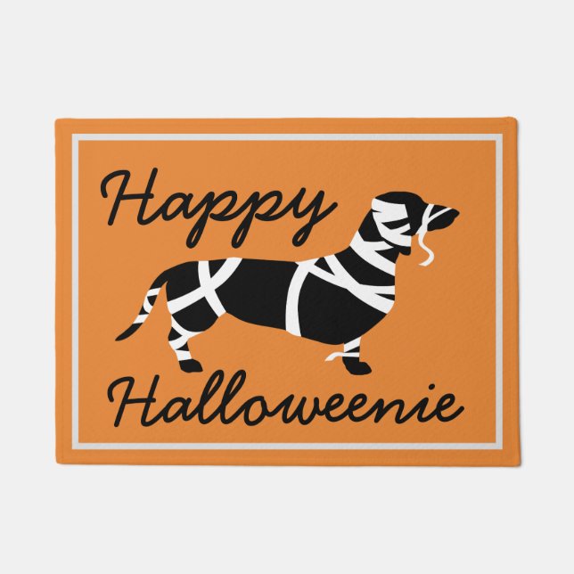 Felpudo Dachshund feliz de la momia de Halloweenie (Anverso)