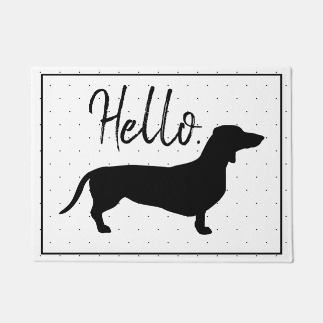 Felpudo Dachshund Silhouette y Black Dots Hola (Anverso)