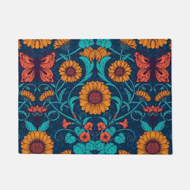Felpudo Daisias de Art Nouveau en azul y amarillo (Anverso)
