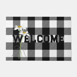 Felpudo Daisy Bouquet Welcome On Buffalo Plaid
