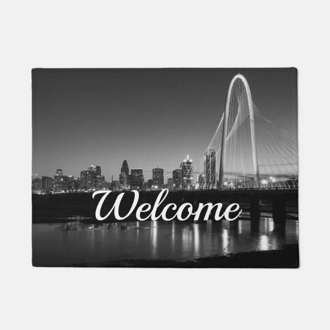 Felpudo Dallas Skyline Dawn Grayscale Welcome Doormat (Anverso)