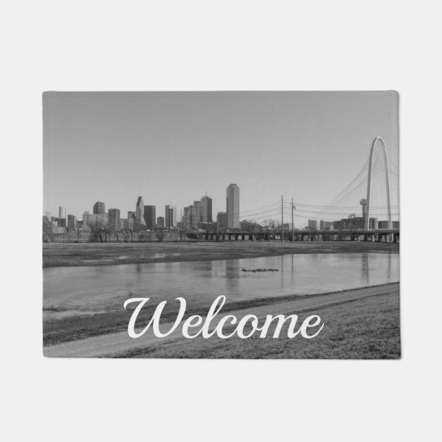 Felpudo Dallas Skyline Grayscale Welcome Doormat (Anverso)