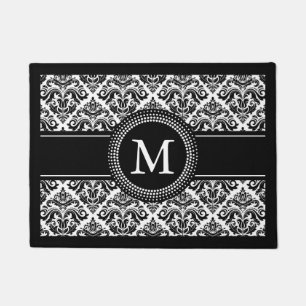 Felpudo Damasco con monograma del blanco del negro del