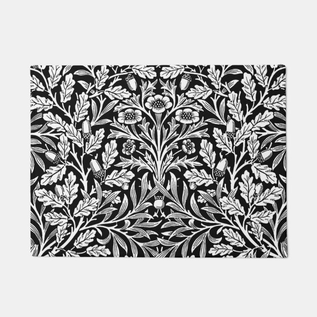 Felpudo Damasco floral de Nouveau del arte, blanco y negro (Anverso)