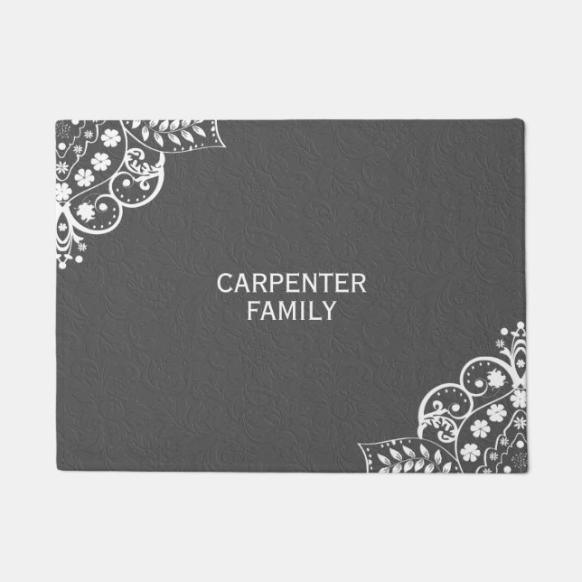 Felpudo Damasco Gris Y Lazo Floral Blanco (Anverso)