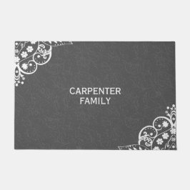 Felpudo Damasco Gris Y Lazo Floral Blanco