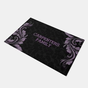 Felpudo Damasco Negro Y Lazo Morado Floral