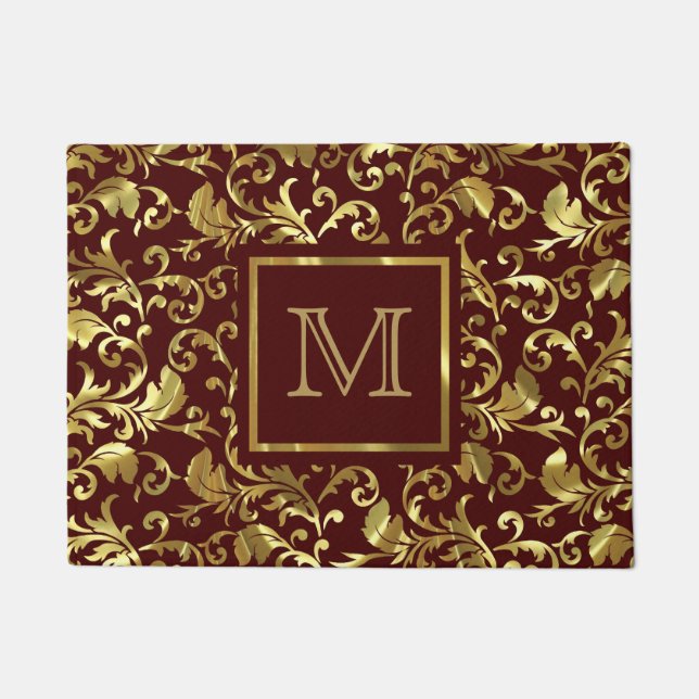 Felpudo Damascos florales de cosecha dorada sobre fondo ma (Anverso)