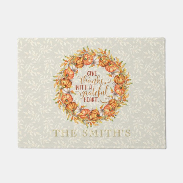 Felpudo Dar gracias a la corona de calabaza personalizada (Anverso)