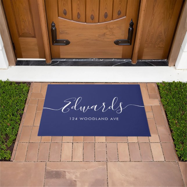 Felpudo Dark Blue Modern Script Personalizado Doormat (Exterior)