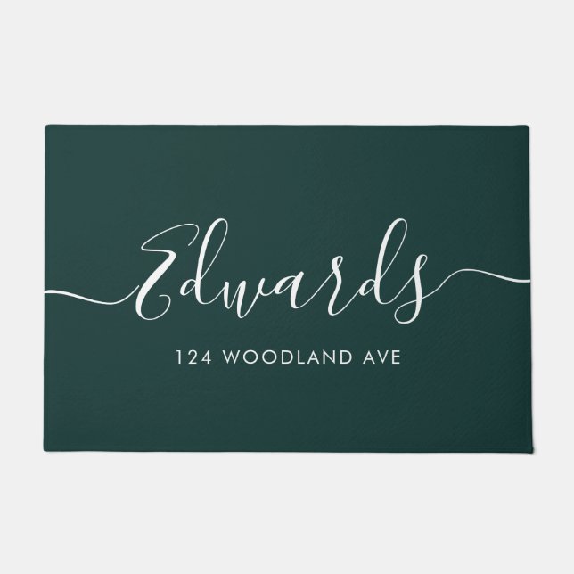 Felpudo Dark Green Modern Script Personalizado Doormat (Anverso)
