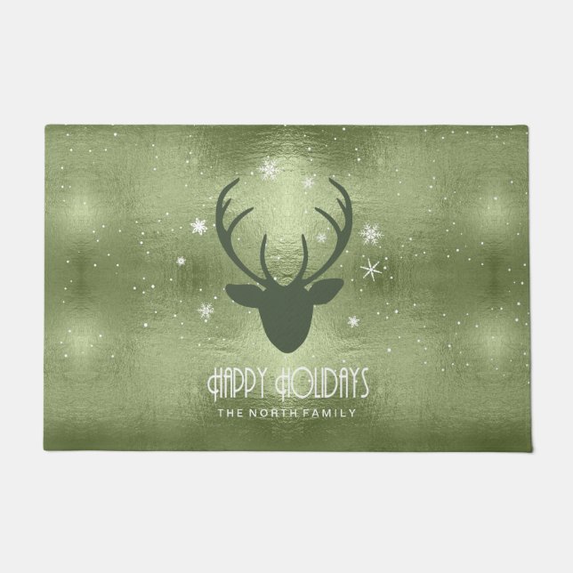 Felpudo Deer Antlers Silhouette & Snowflakes Green ID861 (Anverso)