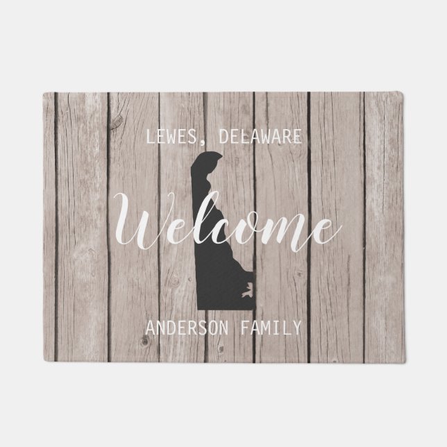 Felpudo Delaware State Personalizada Welcome Wood Look (Anverso)