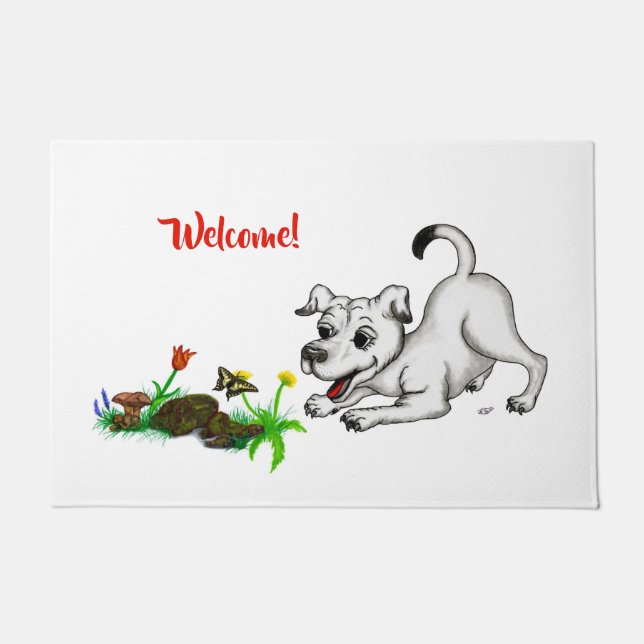 Felpudo Despertar de primavera, cachorro con flores y mari (Anverso)