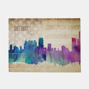 Felpudo Detroit, horizonte de la ciudad de la acuarela del