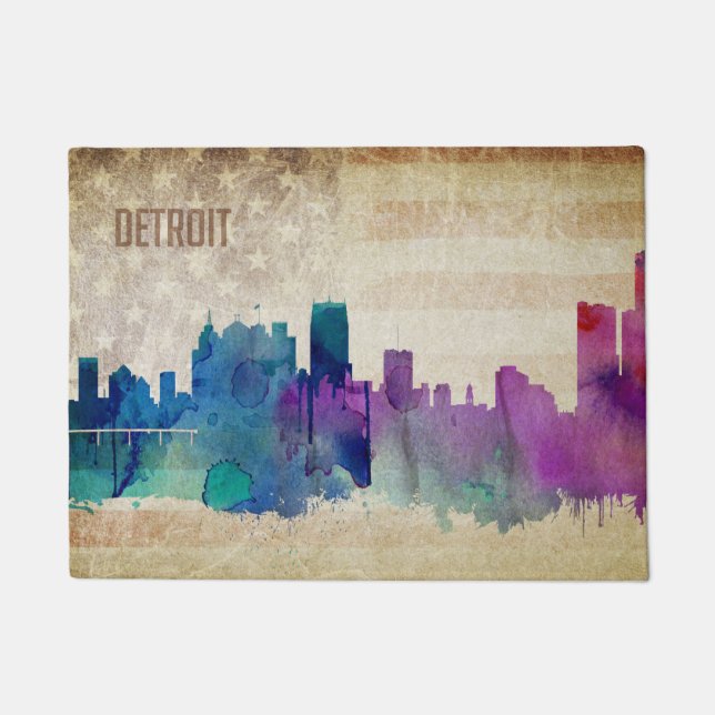 Felpudo Detroit, horizonte de la ciudad de la acuarela del (Anverso)