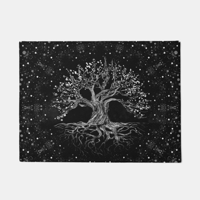 Felpudo Dibujo de árbol de la vida en blanco y negro (Anverso)