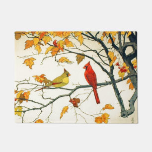 Felpudo Dibujo japonés del vintage, cardenales en una ram