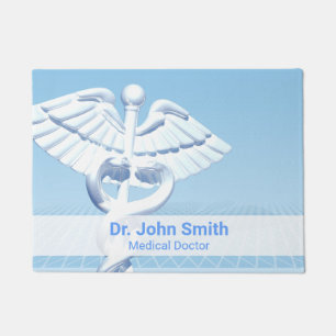 Felpudo Diseño azul Caduceus 3D blanco médico