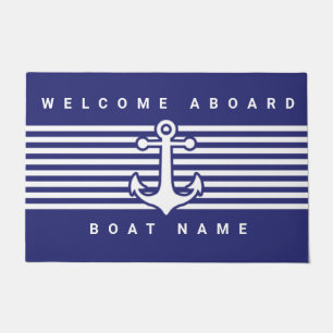 Felpudo Diseño de ancla náutica azul marino raya blanca pu