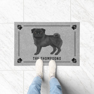 Felpudo Diseño de dibujos animados de Pug negro con nombre