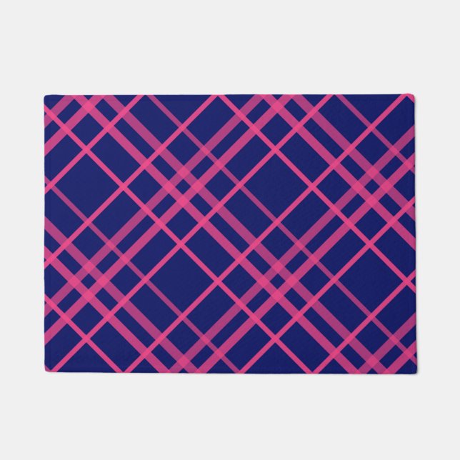 Felpudo Diseño de líneas de cuadros azules con rosa (Anverso)