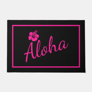 Felpudo Diseño de texto rosa original ALOHA Flor hibiscus