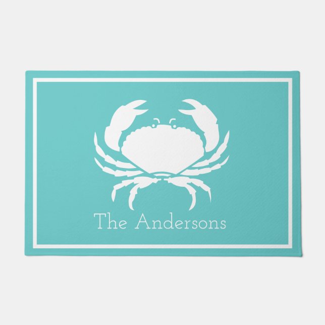 Felpudo Diseño náutico con cangrejo blanco sobre azul Verd (Anverso)