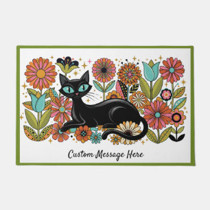 Felpudo Diseño personalizado de gato negro floral retro de