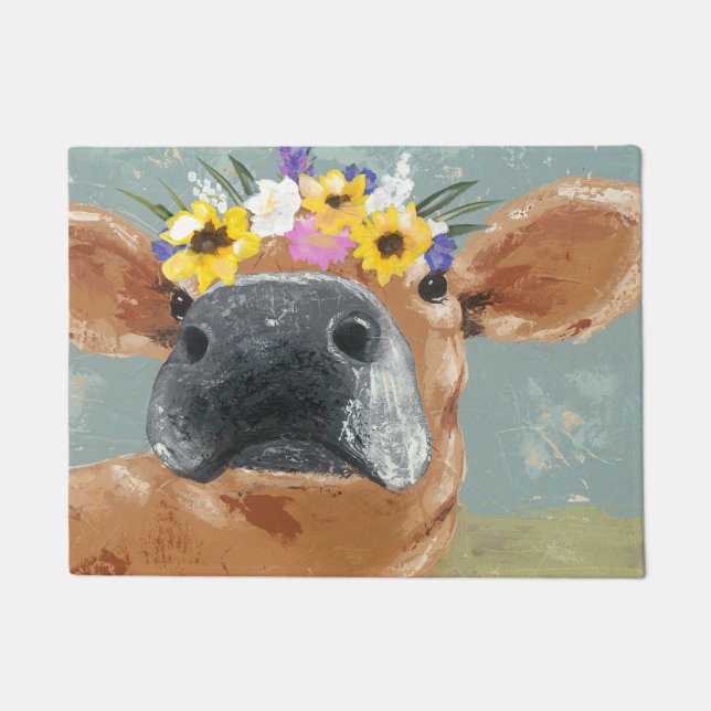 Felpudo Diversión de granja - Vaca con corona de flores (Anverso)