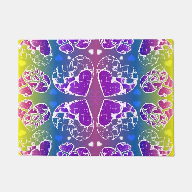 Felpudo Diversión Purple, azul, amarillo Patrón de corazon (Anverso)