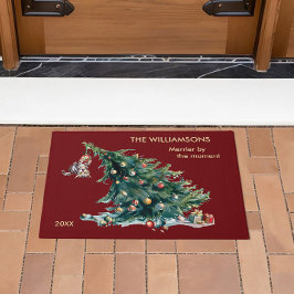 Felpudo Divertido árbol de Navidad danzando foto de gato