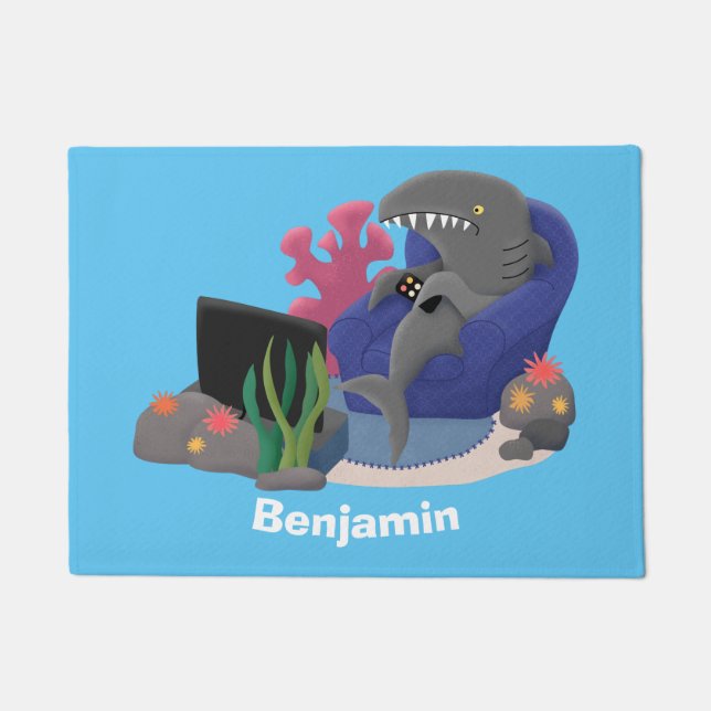 Felpudo Divertido tiburón viendo al personalizado de telev (Anverso)