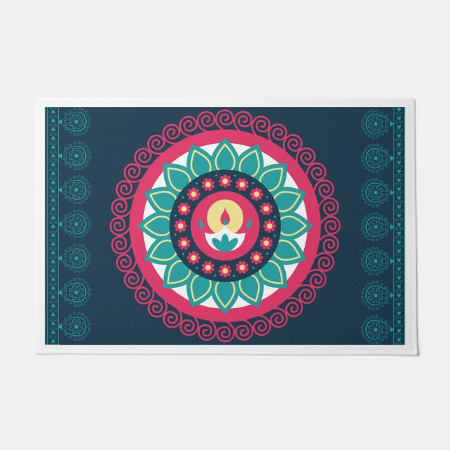 Felpudo Diwali Doormat; Decoración de la casa en Diwali (Anverso)