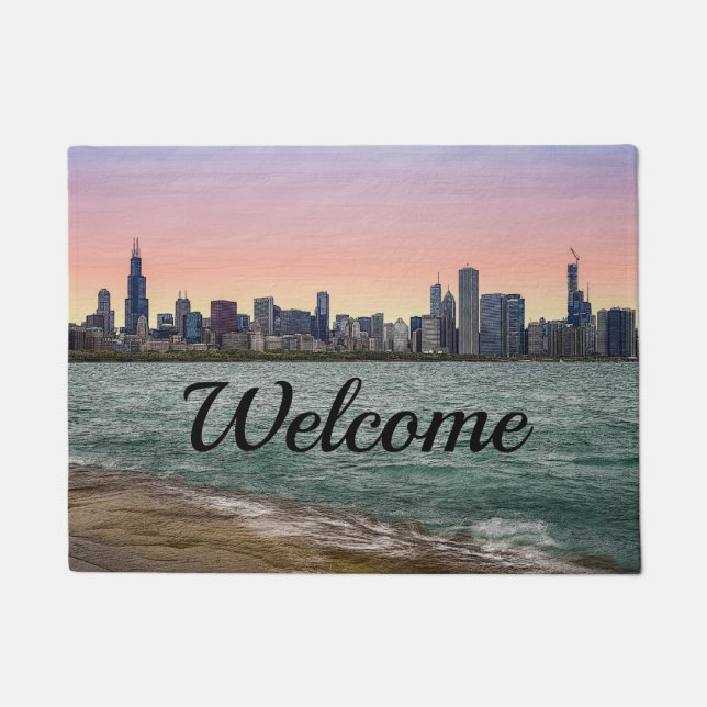 Felpudo Doormat, bienvenida a Chicago Skyline Painterly (Anverso)