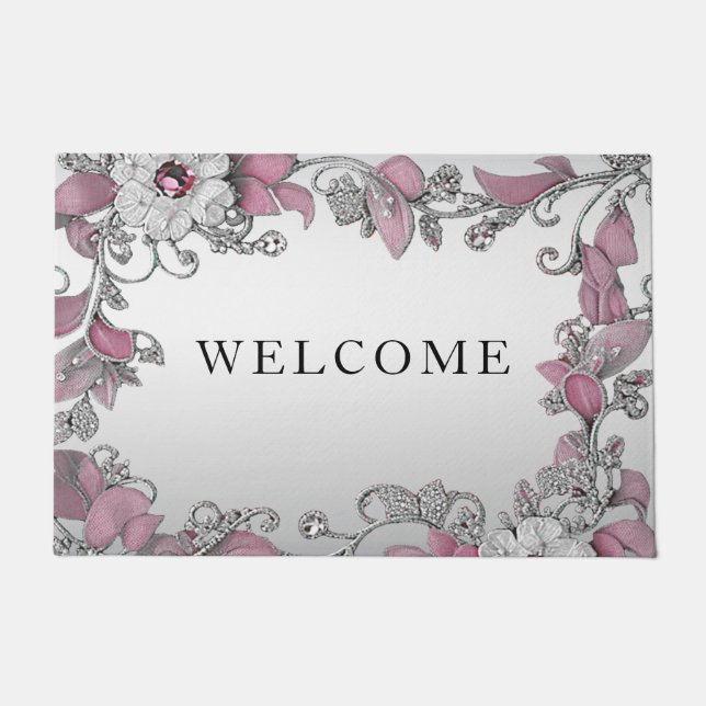 Felpudo Doormat blanco floral rosado (Anverso)