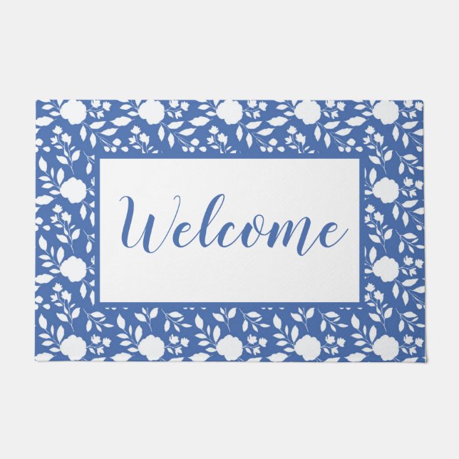 Felpudo Doormat blanco y azul floral (Anverso)
