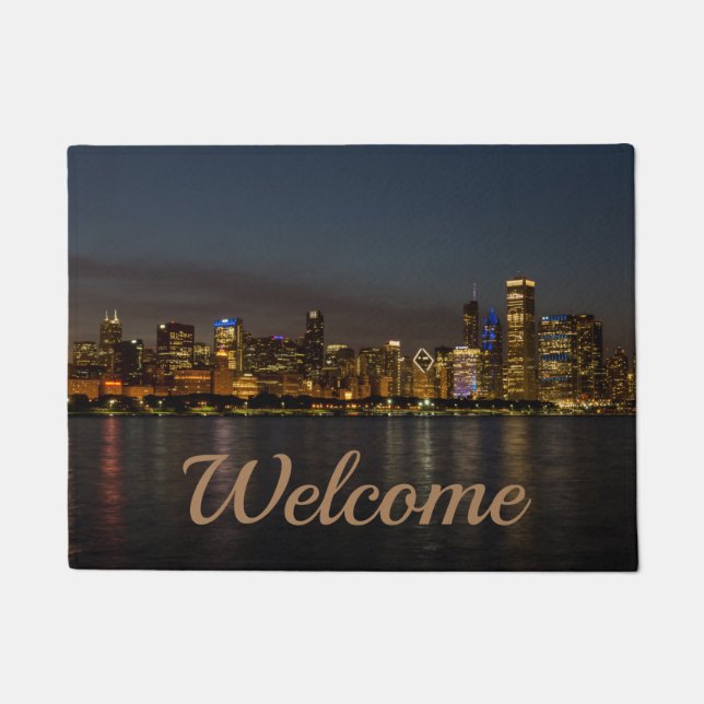 Felpudo Doormat de bienvenida a Chicago Night Cityscape (Anverso)