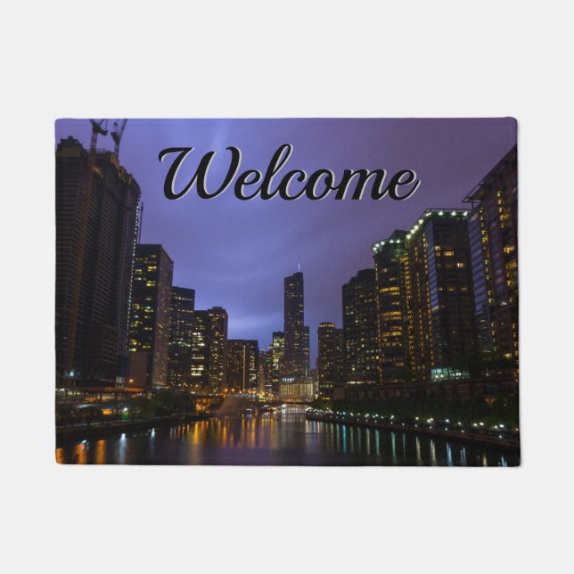 Felpudo Doormat de bienvenida a Lightning Over Chicago Riv (Anverso)