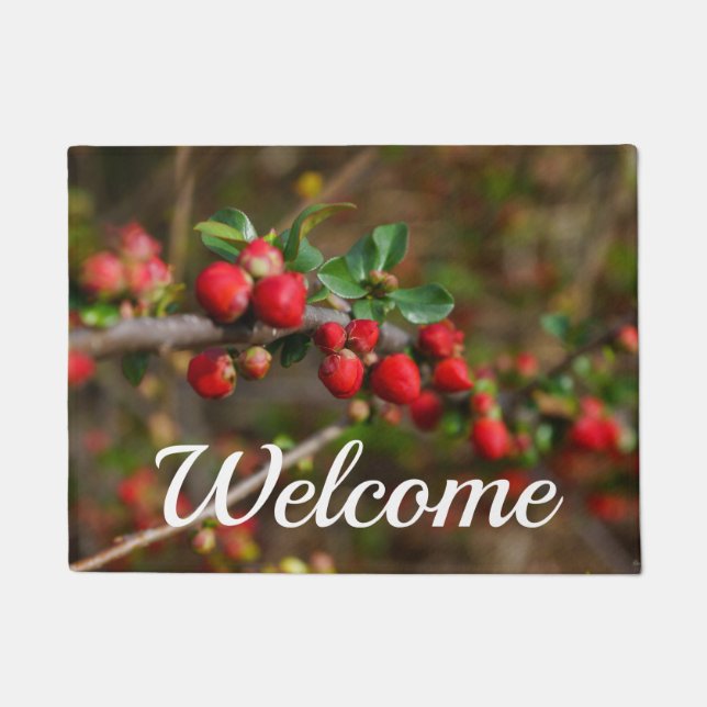 Felpudo Doormat de bienvenida a los Red Spring Buds (Anverso)